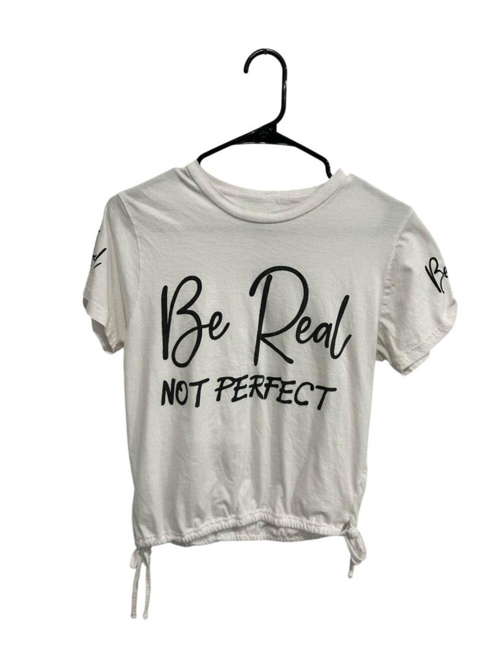 On Fire Large White Be Real Not Perfect Drawstring Graphic T-Shirt Kitschy Retro